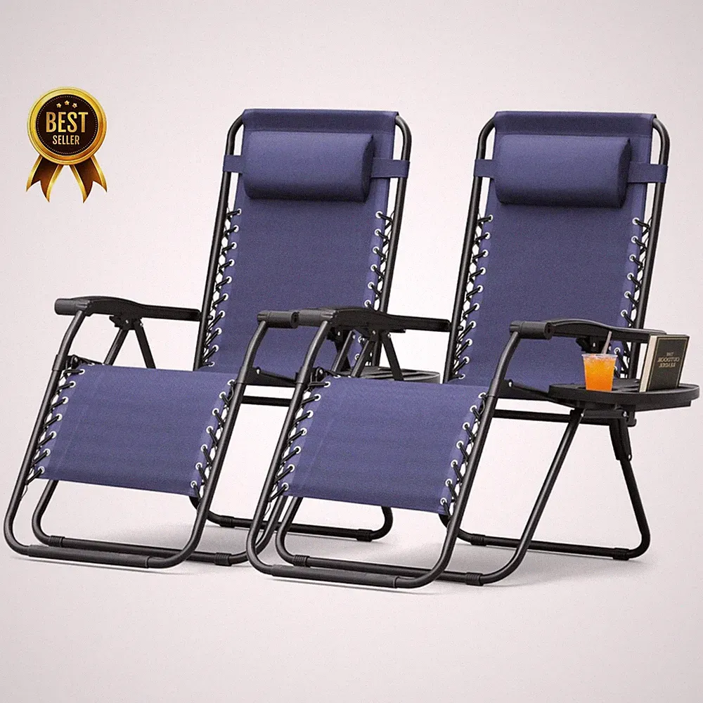 2 Pack Zero Gravity Chairs Folding Outdoor Reclining Lounge w/ Cup Holder Blue