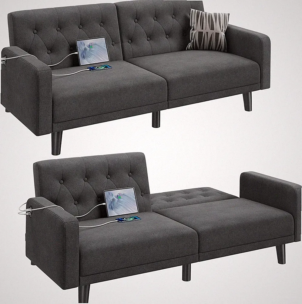 63" Convertible Couch Small Futon Sofa Bed USB Ports, Reclining