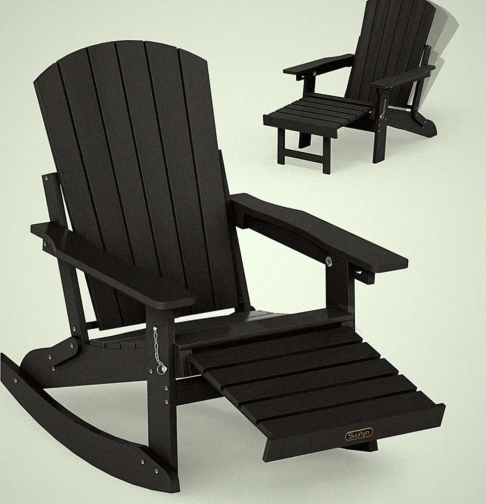 Adirondack Rocking Chair with Retractable Ottoman, 4-In-1 Foldable Reclining Pat