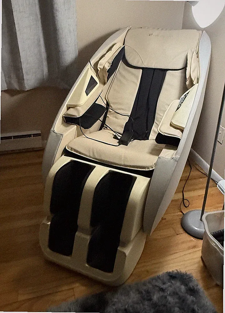 Beige and Black Electric Massage Chair Faux Leather Solid Pattern 1 Seat 40"+