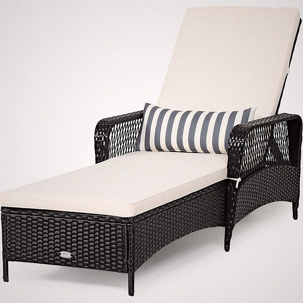 Costway PE Rattan Chaise Lounge Chair Armrest Recliner Adjustable Pillow Black