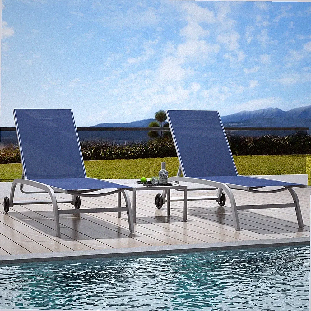 Domi 3 Pieces of Outdoor Metal Chaise Lounge Chair w/Wheels,Table for pool(Blue)