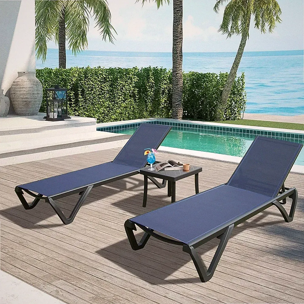 Domi Outdoor Patio Chaise Lounge 3 Pcs Aluminum Chair for Beach,Yard(Navy Blue)