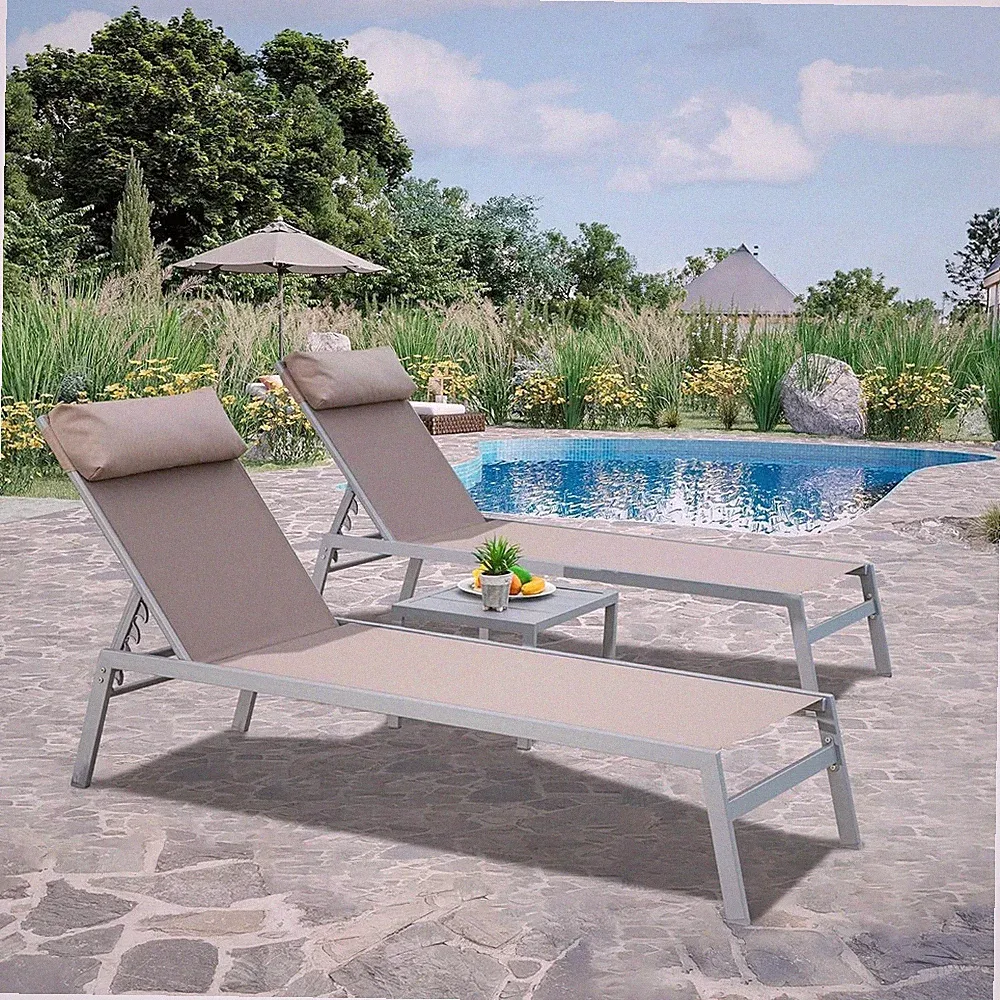 Domi Patio Chaise Lounge Set w/5 Adjustable Position,Headrest & Side Table,Khaki