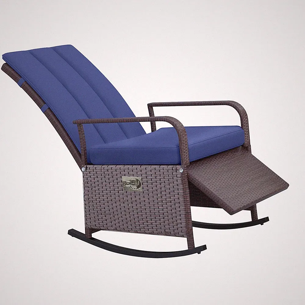 Premium PE Rattan 135° Recliner 352lb Blue Cushion Rocker Chair