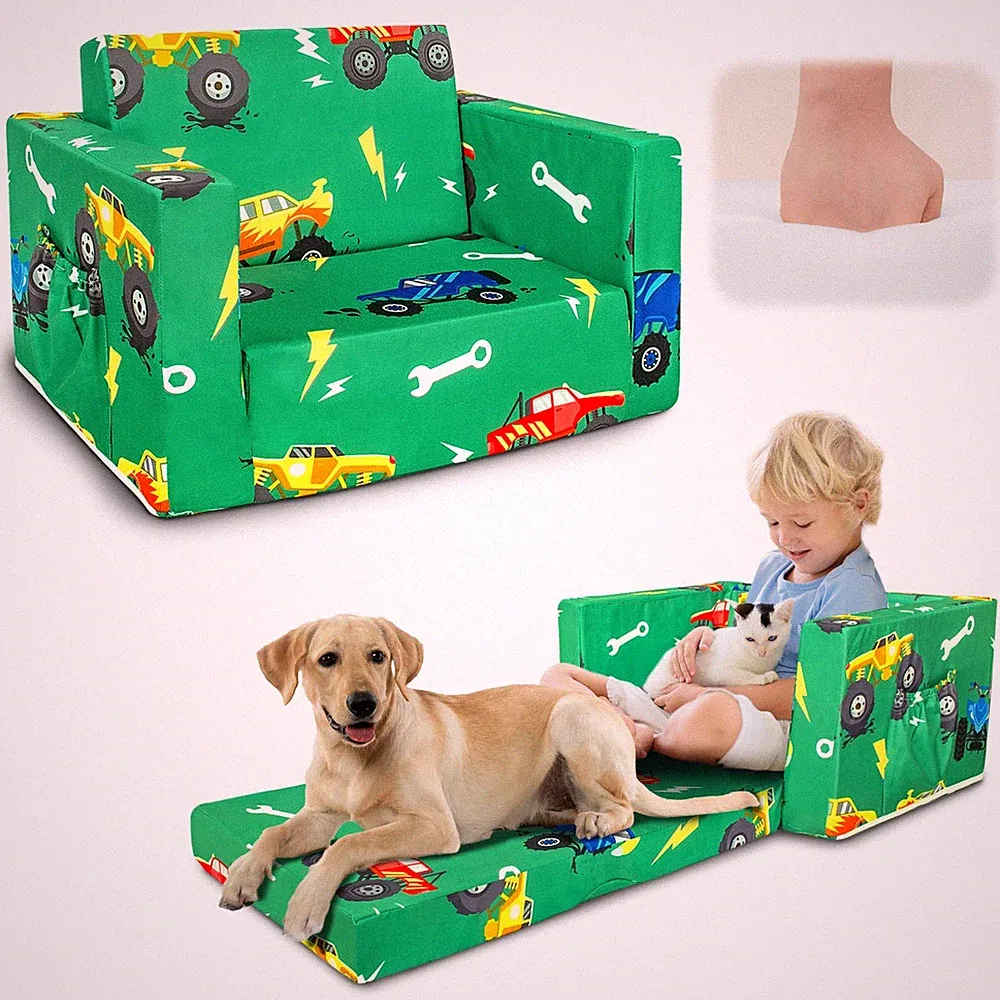 Kids Couch, 2-in-1 Kids Fold Out Sofa, Convertible Toddler Couch to Lounger f...
