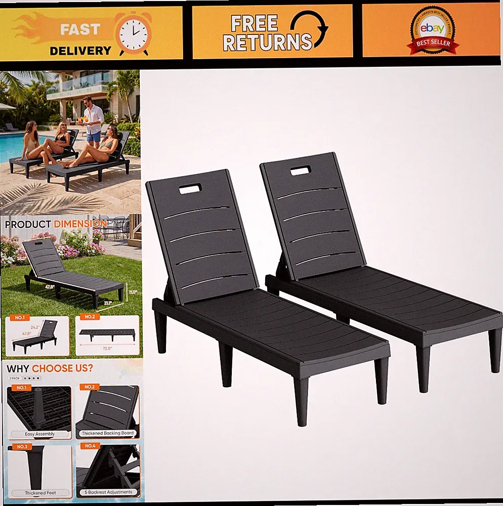 Outdoor Chaise Lounge Chairs Set of 2, Adjustable Backrest, Lightweight Patio Fu