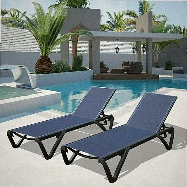 Outdoor Patio Chaise Lounge AluminumChair Sunbathing for Beach (Navy Blue)
