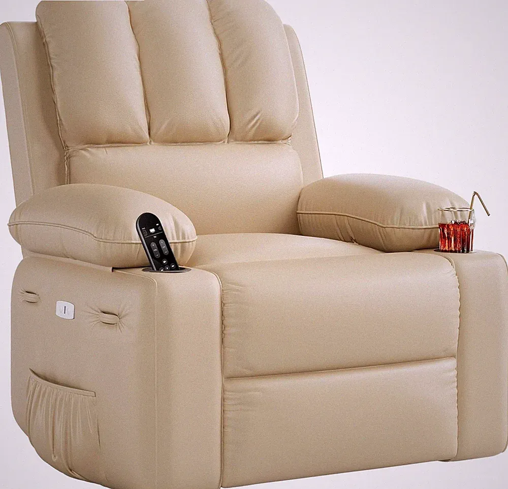 Oversized 27" PU Leather Recliner Chair with Heat, Massage & 360° Swivel