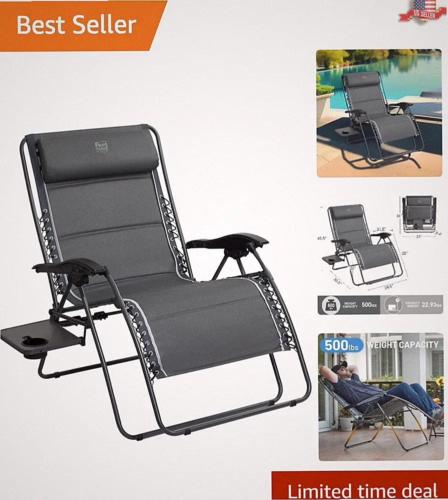 Portable XXL Zero Gravity Reclining Chair - Adjustable Headrest, Grey, 1 Pack