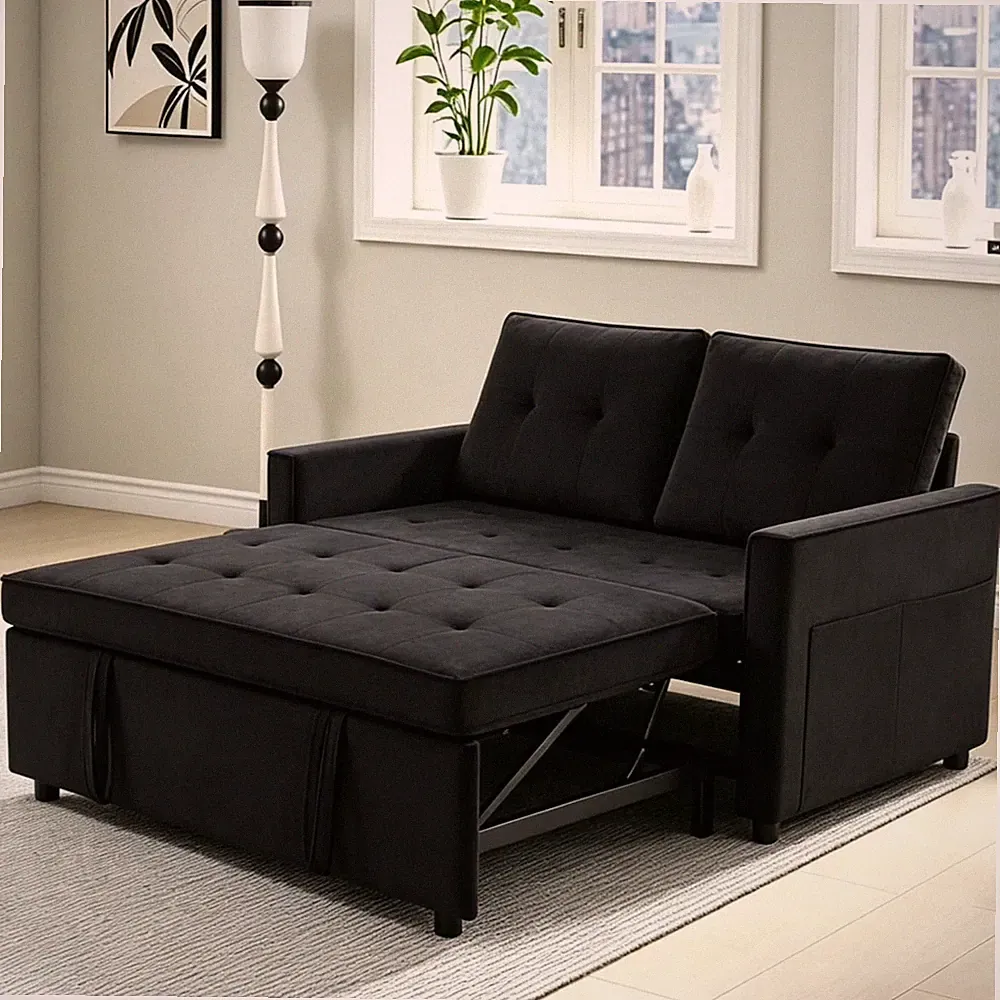 Velvet Loveseat Sleeper and Storage Pockets, Black